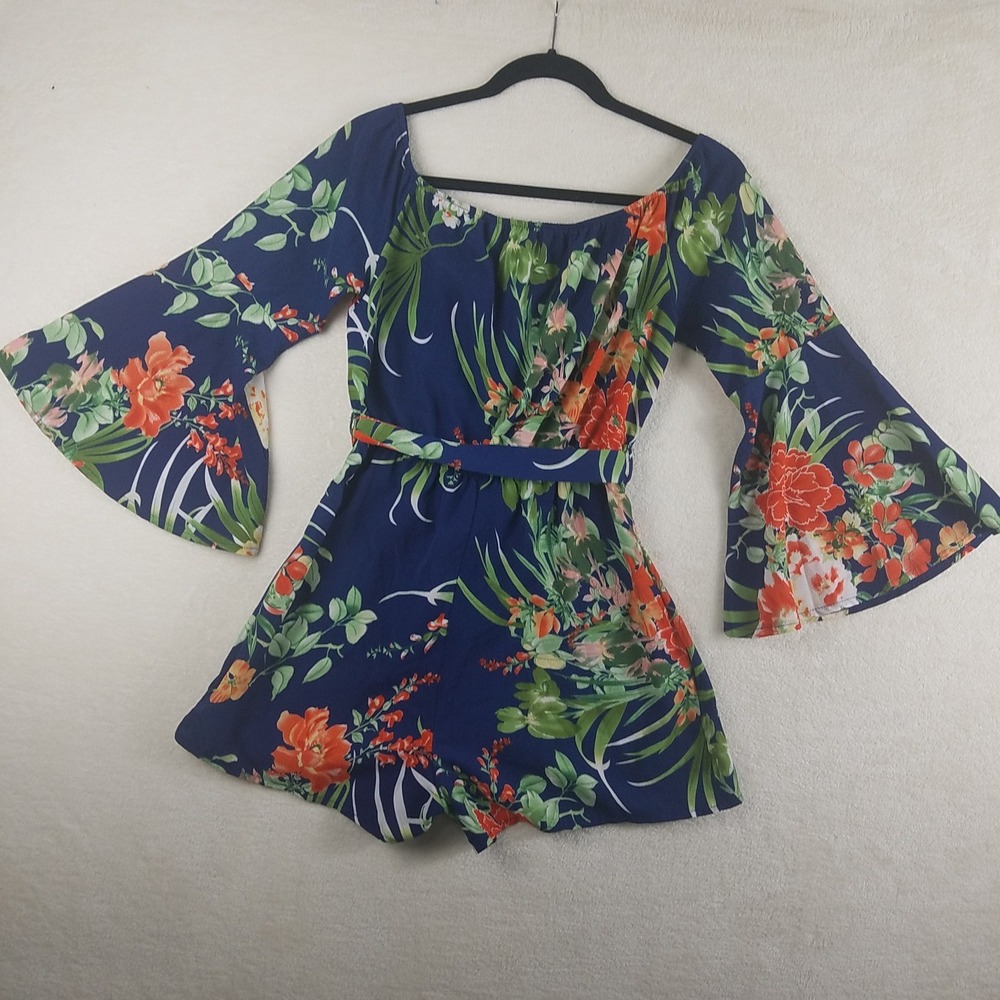 Parisian Womens‎ Navy Blue Tropical Floral Bell Sleeve Off Shoulder Romper US 8